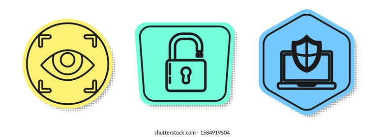 Set line Eye scan , Open padlock  and Laptop protected with shield. Colored shapes. Vector