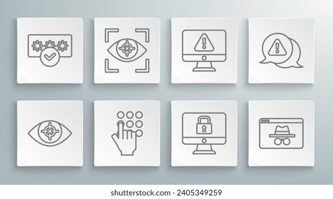 Set line Eye scan, Password protection, Lock monitor, Browser incognito window, Monitor with exclamation mark, Exclamation triangle and  icon. Vector