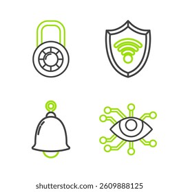 Set line Eye scan, Ringing bell, Shield with WiFi wireless internet network and Safe combination lock wheel icon. Vector