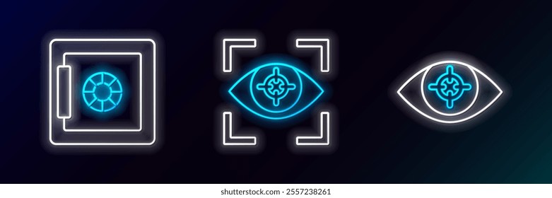 Set line Eye scan, Safe and  icon. Glowing neon. Vector