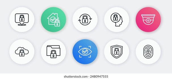 Escaneo de ojos, cámara de seguridad, bloqueo de computación en la nube, protección de seguridad con, bloqueo, huella dactilar y carpeta e icono. Vector