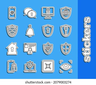 Set line Eye scan, Shield, with key, Lock on computer monitor screen, Ringing bell, cyber security brick wall, Smartphone fingerprint scanner and keyhole icon. Vector