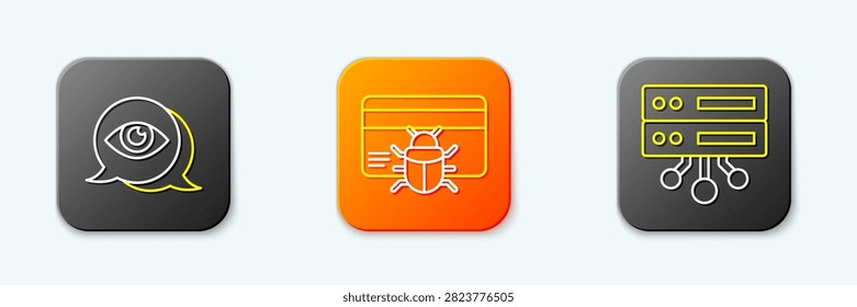 Set line Eye scan, System bug in credit card and Server, Data, Web Hosting icon. Vector