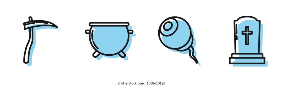 Set line Eye , Scythe , Halloween witch cauldron  and Tombstone with cross  icon. Vector