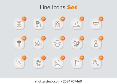 Set line Eye, Scythe, Tombstone with RIP written, Voodoo doll, Crossed bones, Pirate hook, Spider and Skull icon. Vector