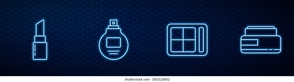 Set line Eye shadow palette, Lipstick, Perfume and Cream or lotion cosmetic tube. Glowing neon icon on brick wall. Vector