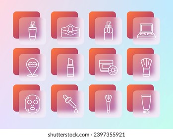 Línea Paleta de sombra ocular con cepillo, aceite de pipeta, crema de pantalla solar en tubo, maquillaje, lápiz labial, Botella de jabón líquido, mano de tubo e icono de acné. Vector