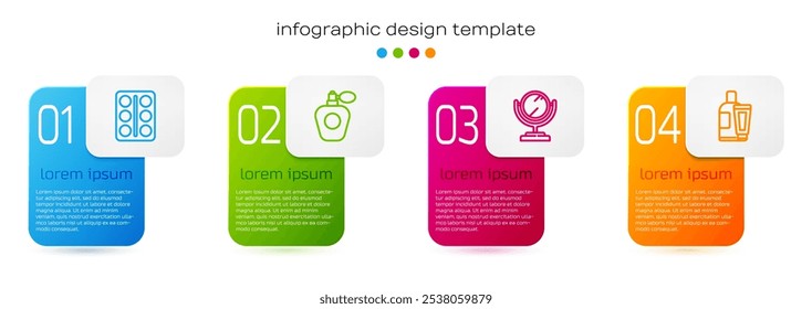 Paleta de sombra de ojos, perfume, espejo de maquillaje redondo y tubo cosmético de loción crema. Plantilla de infografía de negocios. Vector