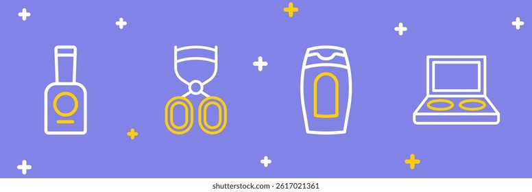 Set line Eye shadow palette with brush, Bottle of shampoo, Eyelash curler and nail polish icon. Vector