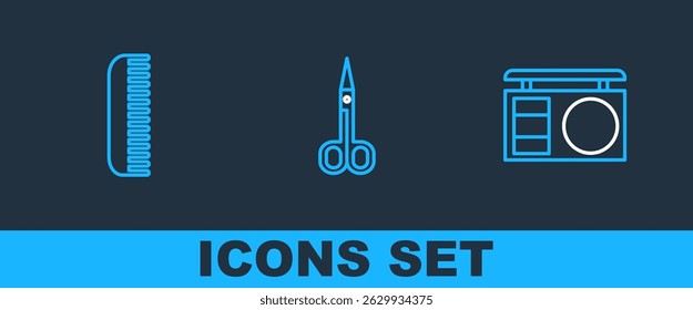 Set line Eye shadow palette, Hairbrush and Scissors icon. Vector