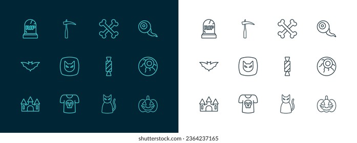 Set line Eye, Shirt with skull, Candy, Black cat, Crossed bones, Tombstone RIP written and Scythe icon. Vector