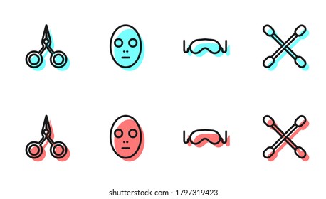 Set line Eye sleep mask, Scissors, Facial cosmetic and Cotton swab for ears icon. Vector