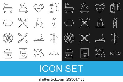 Set line Eye sleep mask, Bamboo stems with leaves, Spray can for hairspray, Heart heal, Knitting needles, Lemon, Bathtub and Cup of tea tea bag icon. Vector
