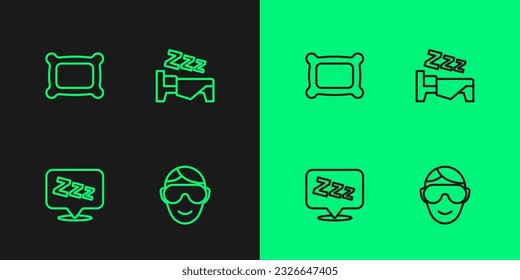 Set line Eye sleep mask, Sleepy, Pillow and Time to icon. Vector