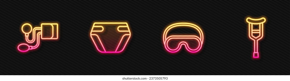 Stellen Sie die Linie Augenschlafmaske, Blutdruck, Windeln für Erwachsene und Krücken oder Krücken ein. Leuchtendes Neonsymbol. Vektorgrafik