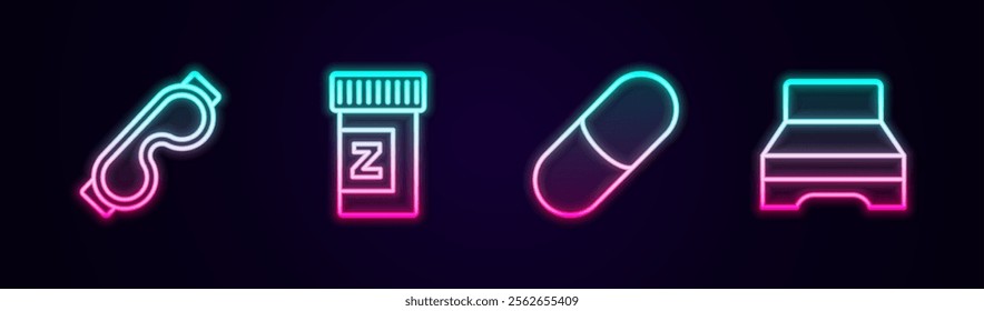 Set line Eye sleep mask, Sleeping pill,  and Big bed. Glowing neon icon. Vector