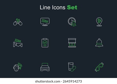 Set line Eye sleep mask, Sleeping pill, Big bed, Dreams, Ringing bell, Window with curtains, Medical prescription and Time to icon. Vector