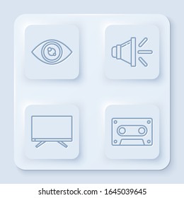 Set line Eye, Speaker volume, Smart Tv and Retro audio cassette tape. White square button. Vector