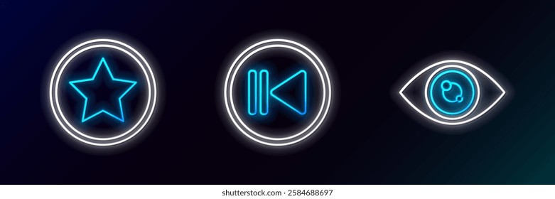 Set line Eye, Star and Rewind icon. Glowing neon. Vector