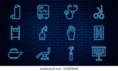 Set Line Eye Test Chart, Pills In Blister Pack, Stethoscope, Medical Oxygen Mask, Stretcher, Inhaler, Rubber Gloves And Monitor With Cardiogram Icon. Vector