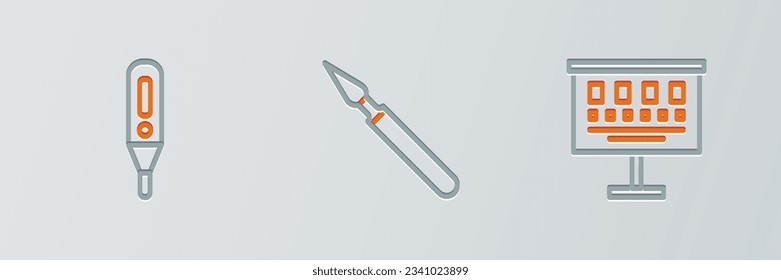 Set line Eye test chart, Medical digital thermometer and surgery scalpel icon. Vector