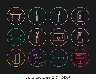 Set line Eye test chart, Medical rubber gloves, Pipette, otoscope tool, protective mask, Stretcher, First aid kit and saw icon. Vector