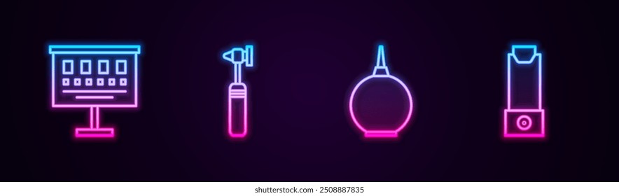 Set line Eye test chart, Medical otoscope tool, Enema and Inhaler. Glowing neon icon. Vector