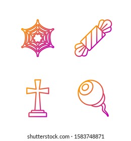 Set line Eye , Tombstone with cross , Spider web  and Candy . Gradient color icons. Vector