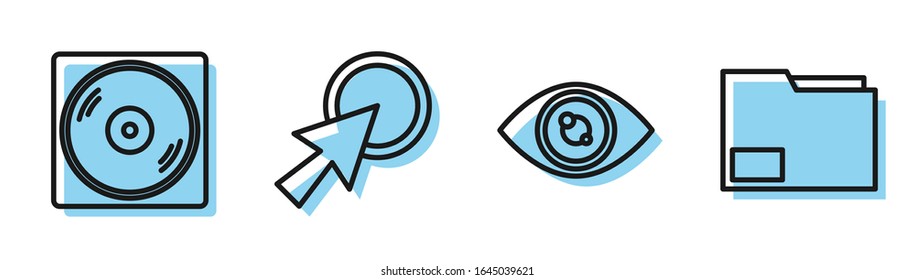 Set line Eye, Vinyl disk, Arrow cursor and Document folder icon. Vector