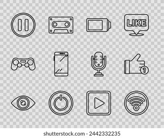 Set line Eye, Wi-Fi wireless internet network, Battery charge level indicator, Power button, Pause, Smartphone, mobile phone, Play square and Hand like icon. Vector