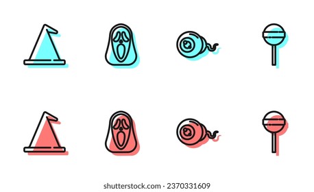 Set line Eye, Witch hat, Funny and scary ghost mask and Lollipop icon. Vector