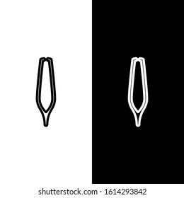 Set line Eyebrow tweezers icon isolated on black and white background. Cosmetic tweezers for ingrown hair.  Vector Illustration