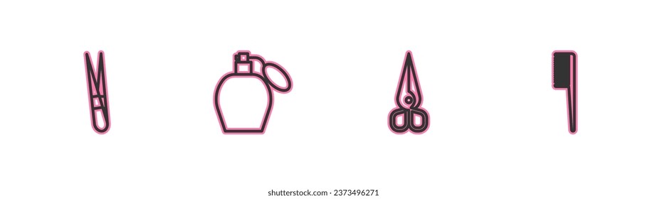 Set line Eyebrow tweezers, Scissors, Perfume and Hairbrush icon. Vector