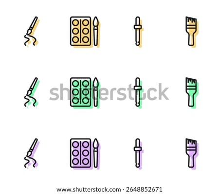 Set line Eyedropper color picker palette, Paint brush, Watercolor paints box and  icon. Vector