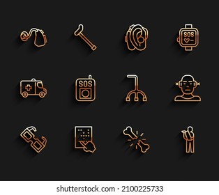 Set line Eyeglasses, Braille, Hearing aid, Human broken bone, arm, Press the SOS button, Deaf and Walking stick cane icon. Vector