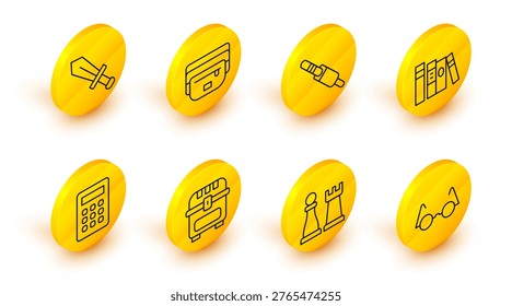 Set line Eyeglasses, Chess, Antique treasure chest, Calculator, Book, Audio jack, Waist bag of banana and Sword for game icon. Vector