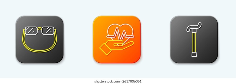 Set line Eyeglasses, Heart rate and Walking stick cane icon. Vector