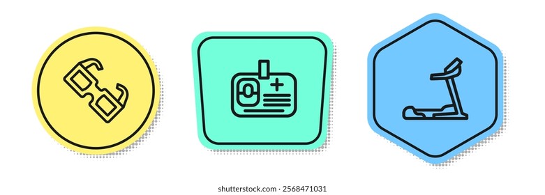 Set line Eyeglasses, Identification badge and Treadmill machine. Colored shapes. Vector