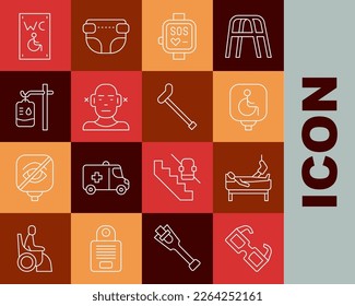 Set line Eyeglasses, Patient with broken leg, Disabled wheelchair, Smart watch, Deaf, IV bag, Separated toilet for disabled and Walking stick cane icon. Vector