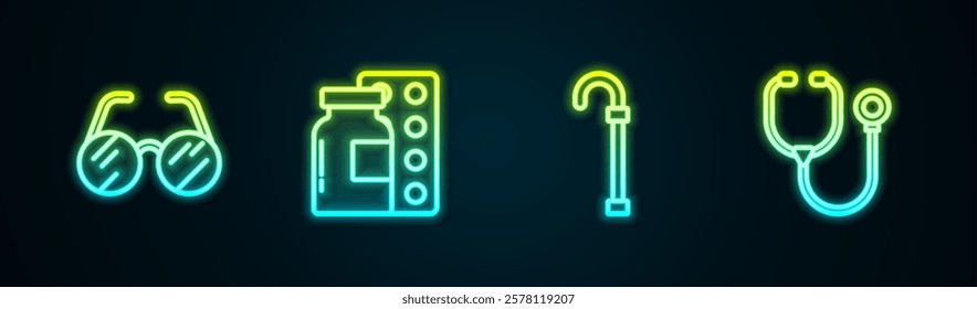 Set line Eyeglasses, Pills in blister pack, Walking stick cane and Stethoscope. Glowing neon icon. Vector