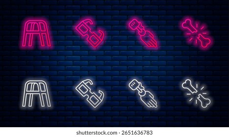 Conjunto de línea de anteojos, prótesis de mano, caminador y hueso roto humano. Icono de neón brillante en la pared de ladrillo. Vector