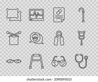 Set line Eyeglasses, Stethoscope, Medical prescription, Walker, Pillow, Grandmother,  and Crutch or crutches icon. Vector