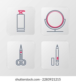 Set line Eyeliner, eyebrow, Scissors, Round makeup mirror and Cream cosmetic tube icon. Vector