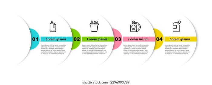 Set line Fabric softener, Bucket with soap suds, Dishwashing liquid bottle and plate and Bottles for cleaning agent. Business infographic template. Vector