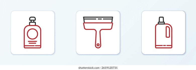 Set line Fabric softener, Hand sanitizer bottle and Rubber cleaner for windows icon. Vector