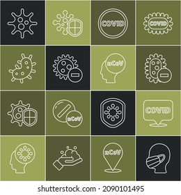 Setzen Sie die Linie Face in einer medizinischen Schutzmaske, Corona-Virus covid-19 vor Ort, Negative, Virus und 2019-nCoV-Symbol. Vektorgrafik