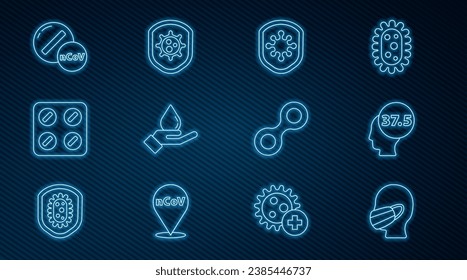 Set line Face in a medical protective mask, High human body temperature, Shield protecting from virus, Washing hands with soap, Pills blister pack, Medicine pill or tablet, Virus and  icon. Vector