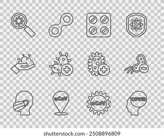 Definir linha Face em uma máscara de proteção médica, Corona vírus covid-19, Pills blister pack, 2019-nCoV localização, Vírus sob lupa, Positivo, e ícone Negativo. Vetor