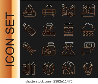 Set line Face in protective mask, Global warming, Cloud with rain, Car exhaust, Tornado, Bottle of water, Iceberg and Barrel oil icon. Vector