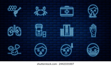 Set line Face in protective mask, Hand with psoriasis or eczema, First aid kit, Can container for milk, Lungs, Honeycomb honey dipper, Medical hospital building and Crab icon. Vector